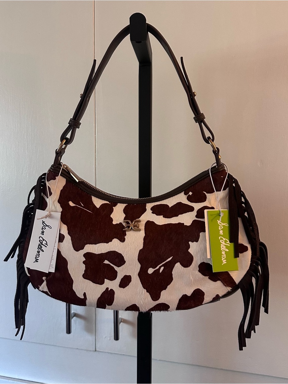 Sam Edelman Calfskin Fringe Shoulder Bag - Brown & White Cowprint - Picture 2 of 8
